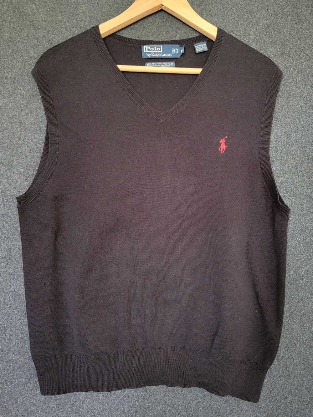 VTG Polo Ralph Lauren Black Knit Pima Cotton Sweater Vest V-Neck Pony Men's M